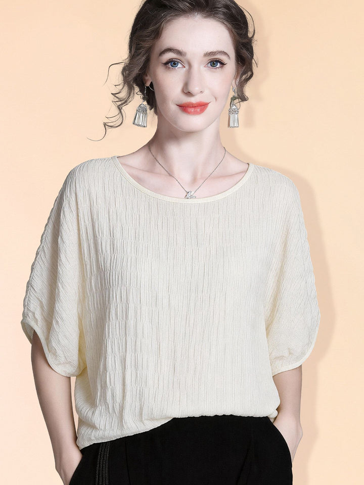 Women's 100% Mulberry Silk Textured Batwing Sleeve Blouse Elegant Relaxed Fit Boatneck Silk Top