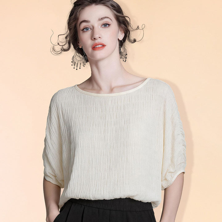 Women's 100% Mulberry Silk Textured Batwing Sleeve Blouse Elegant Relaxed Fit Boatneck Silk Top