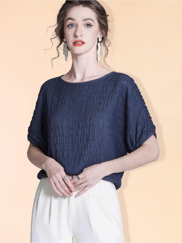 Women's 100% Mulberry Silk Textured Batwing Sleeve Blouse Elegant Relaxed Fit Boatneck Silk Top
