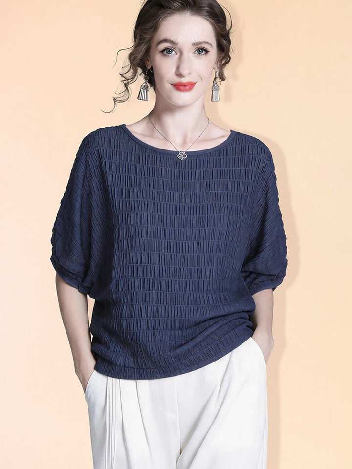 Women's 100% Mulberry Silk Textured Batwing Sleeve Blouse Elegant Relaxed Fit Boatneck Silk Top