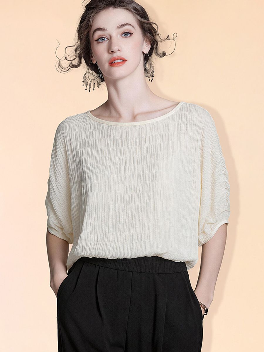 Women's 100% Mulberry Silk Textured Batwing Sleeve Blouse Elegant Relaxed Fit Boatneck Silk Top
