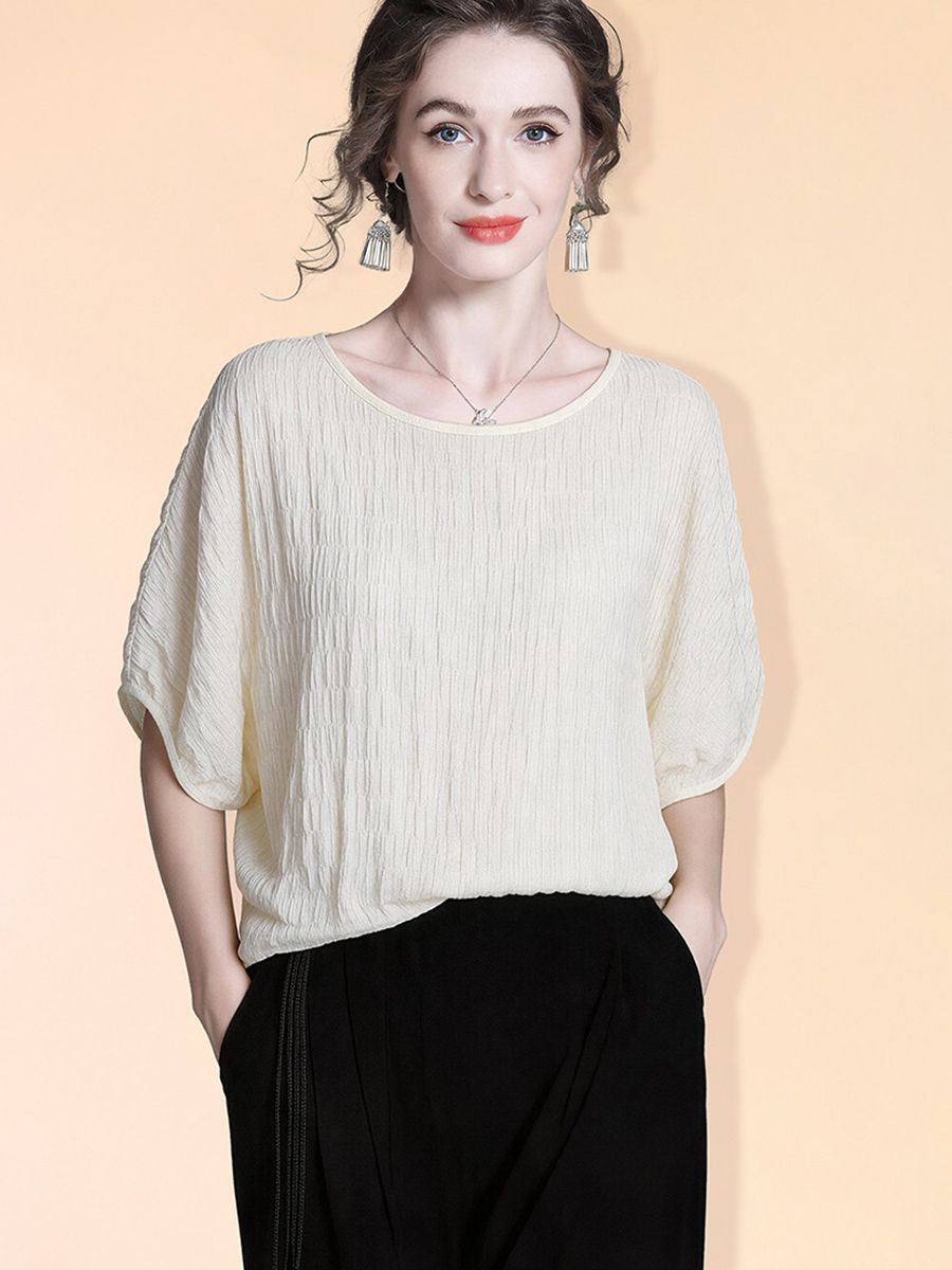 Women's 100% Mulberry Silk Textured Batwing Sleeve Blouse Elegant Relaxed Fit Boatneck Silk Top