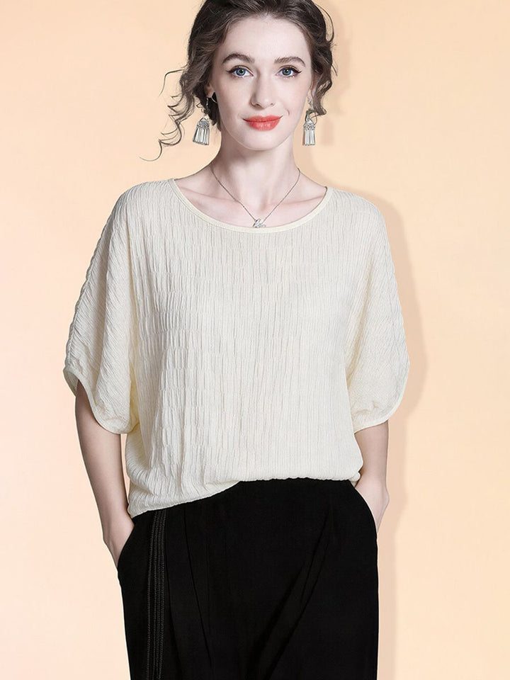Women's 100% Mulberry Silk Textured Batwing Sleeve Blouse Elegant Relaxed Fit Boatneck Silk Top