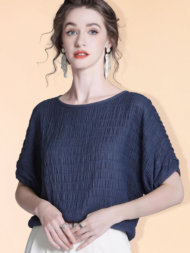 Women's 100% Mulberry Silk Textured Batwing Sleeve Blouse Elegant Relaxed Fit Boatneck Silk Top