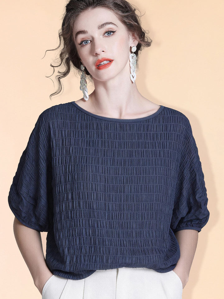 Women's 100% Mulberry Silk Textured Batwing Sleeve Blouse Elegant Relaxed Fit Boatneck Silk Top