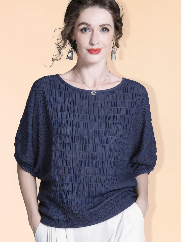 Women's 100% Mulberry Silk Textured Batwing Sleeve Blouse Elegant Relaxed Fit Boatneck Silk Top