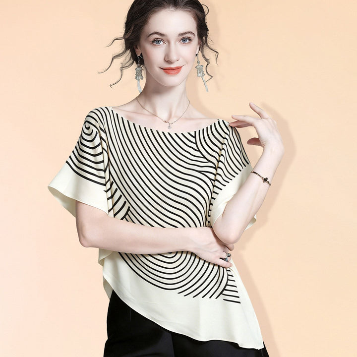 Women's 100% Mulberry Silk Line Printed Asymmetrical Blouse Elegant Batwing Sleeve Boat Neck Silk Top