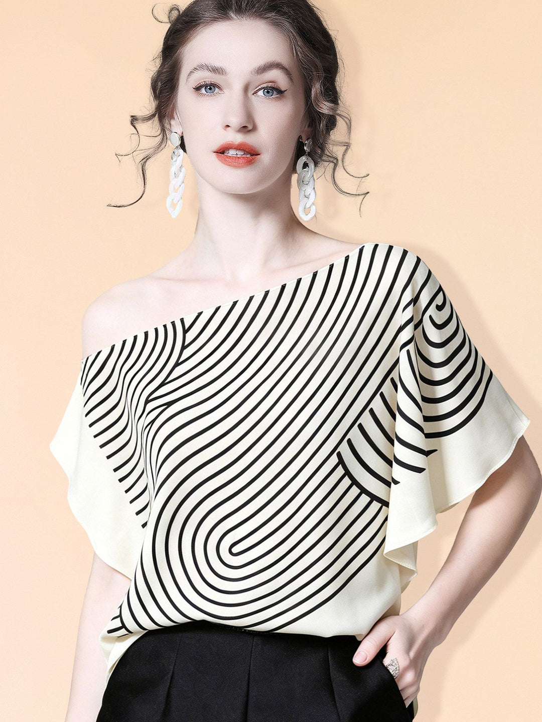 Women's 100% Mulberry Silk Line Printed Asymmetrical Blouse Elegant Batwing Sleeve Boat Neck Silk Top