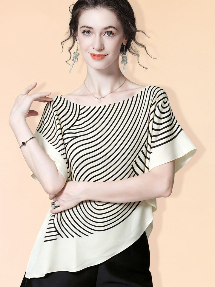 Women's 100% Mulberry Silk Line Printed Asymmetrical Blouse Elegant Batwing Sleeve Boat Neck Silk Top