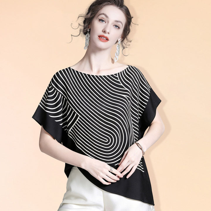 Women's 100% Mulberry Silk Line Printed Asymmetrical Blouse Elegant Batwing Sleeve Boat Neck Silk Top