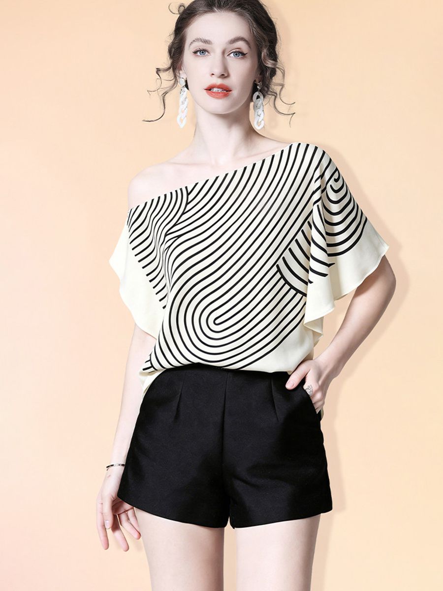 Women's 100% Mulberry Silk Line Printed Asymmetrical Blouse Elegant Batwing Sleeve Boat Neck Silk Top