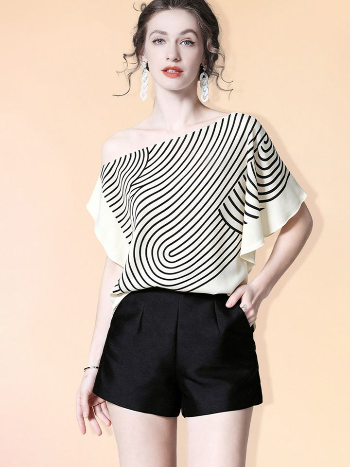 Women's 100% Mulberry Silk Line Printed Asymmetrical Blouse Elegant Batwing Sleeve Boat Neck Silk Top