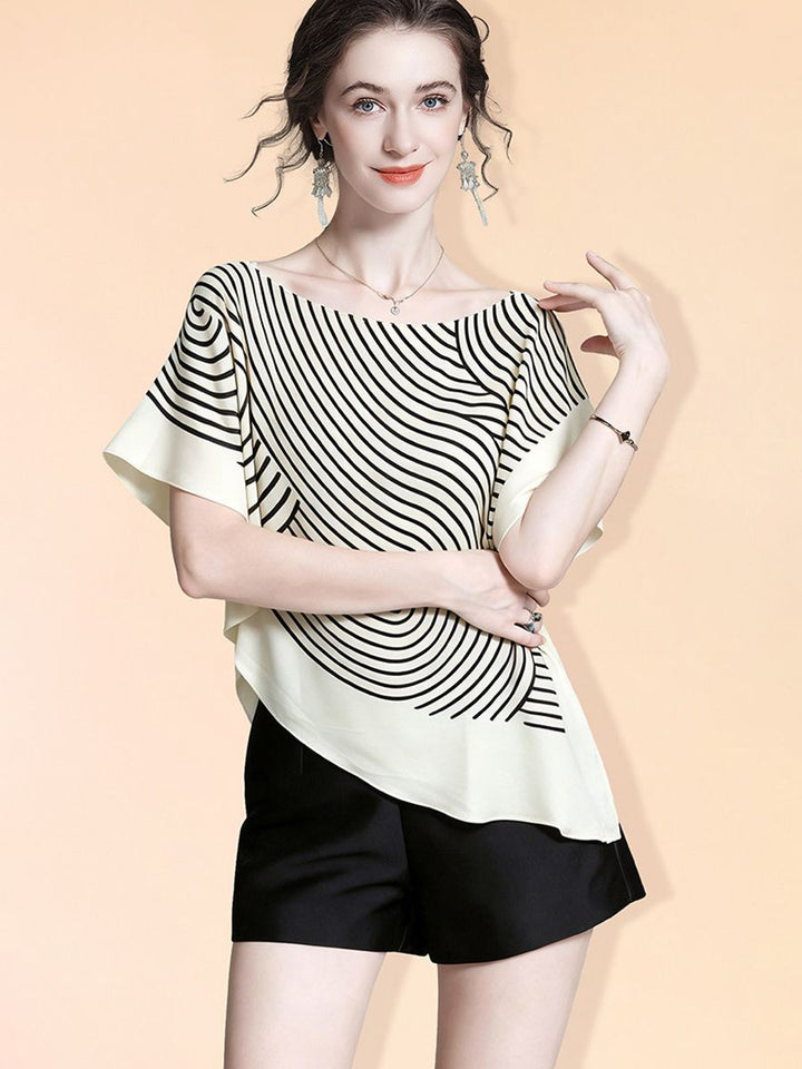 Women's 100% Mulberry Silk Line Printed Asymmetrical Blouse Elegant Batwing Sleeve Boat Neck Silk Top