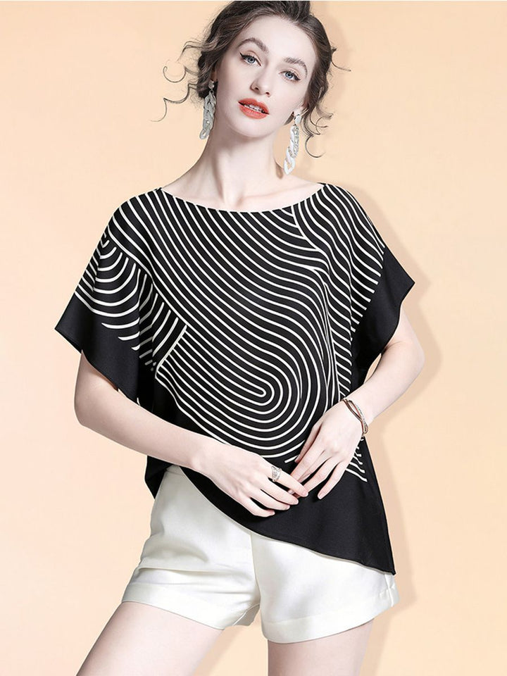 Women's 100% Mulberry Silk Line Printed Asymmetrical Blouse Elegant Batwing Sleeve Boat Neck Silk Top