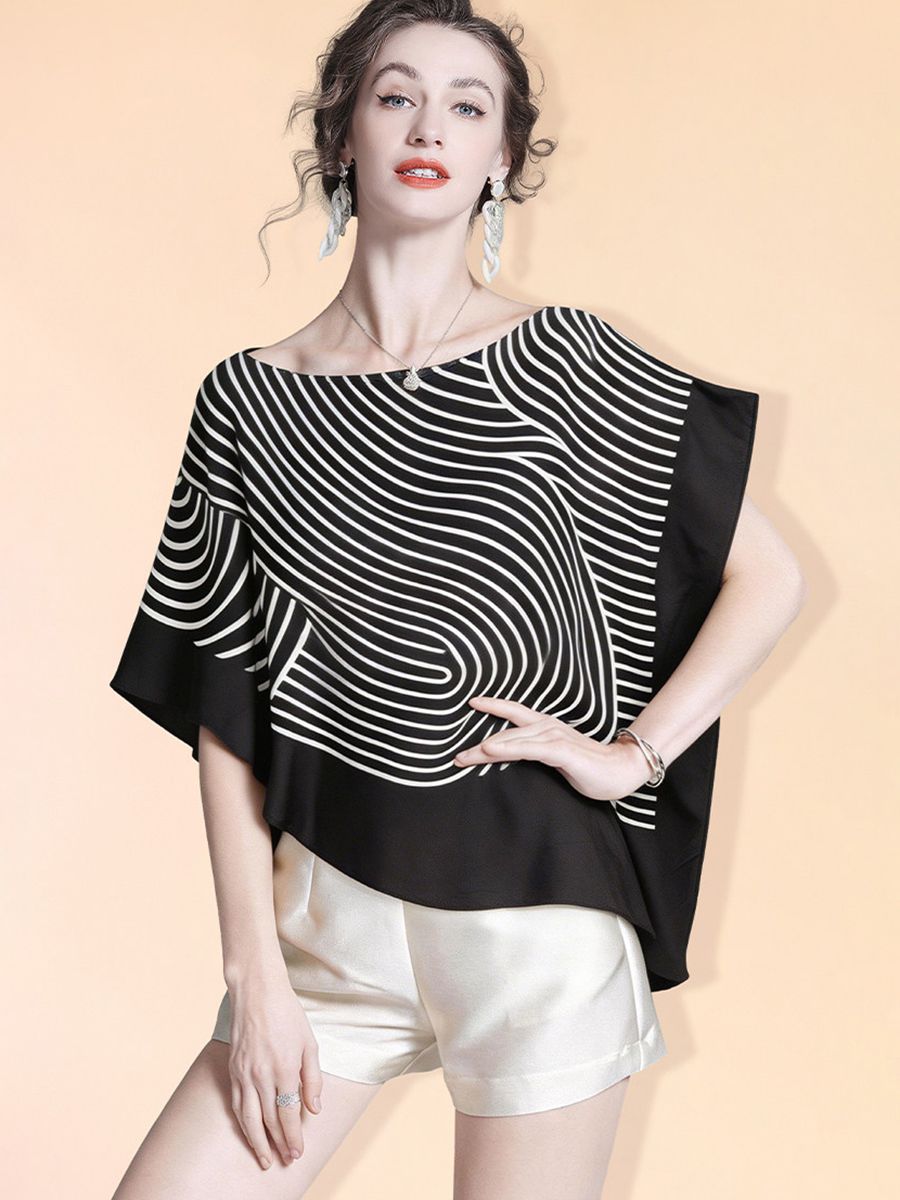 Women's 100% Mulberry Silk Line Printed Asymmetrical Blouse Elegant Batwing Sleeve Boat Neck Silk Top