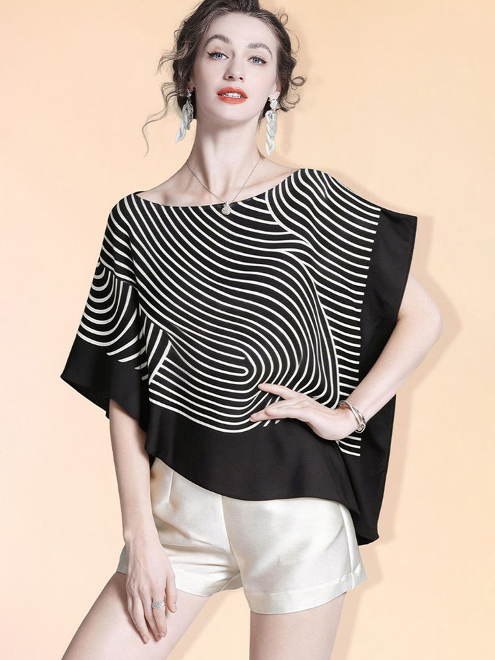 Women's 100% Mulberry Silk Line Printed Asymmetrical Blouse Elegant Batwing Sleeve Boat Neck Silk Top