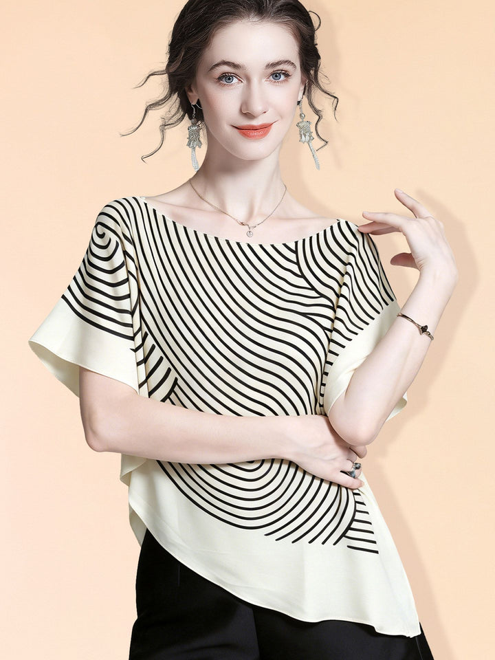 Women's 100% Mulberry Silk Line Printed Asymmetrical Blouse Elegant Batwing Sleeve Boat Neck Silk Top