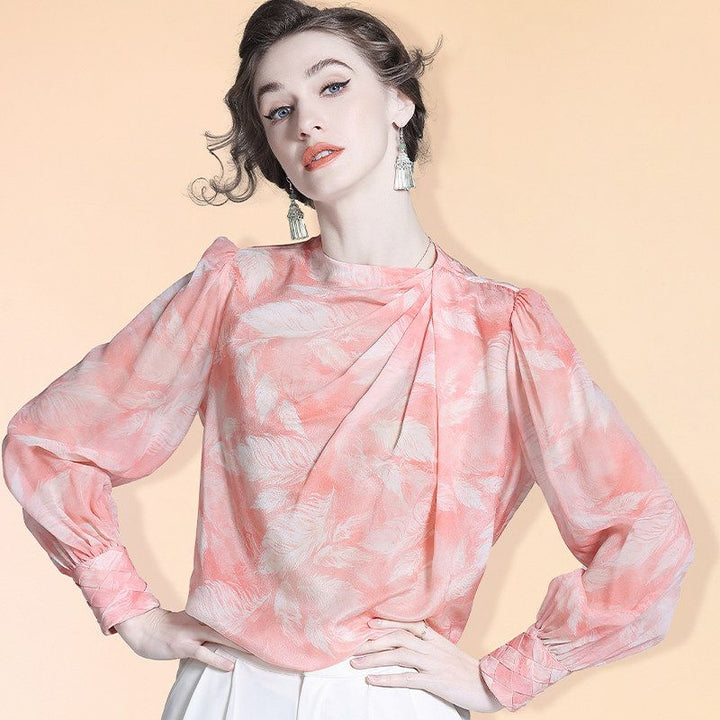 Women's 100% Mulberry Silk Floral Blouse Elegant Twist Neck Long Sleeve High-Neck Pink Silk Shirt