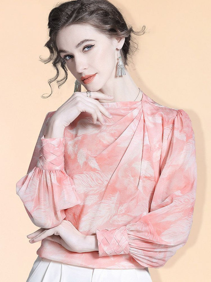 Women's 100% Mulberry Silk Floral Blouse Elegant Twist Neck Long Sleeve High-Neck Pink Silk Shirt
