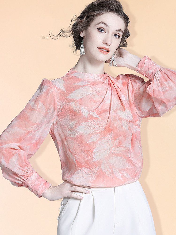 Women's 100% Mulberry Silk Floral Blouse Elegant Twist Neck Long Sleeve High-Neck Pink Silk Shirt