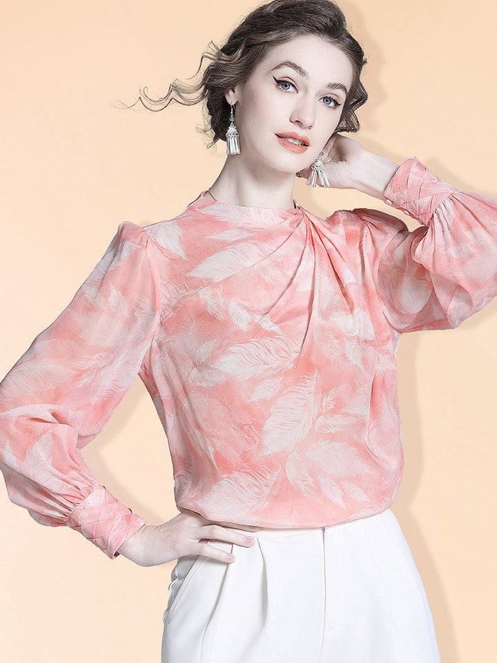 Women's 100% Mulberry Silk Floral Blouse Elegant Twist Neck Long Sleeve High-Neck Pink Silk Shirt