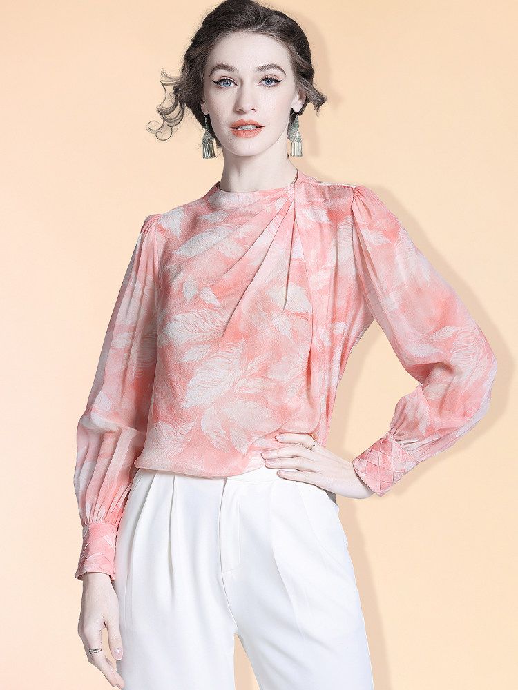 Women's 100% Mulberry Silk Floral Blouse Elegant Twist Neck Long Sleeve High-Neck Pink Silk Shirt