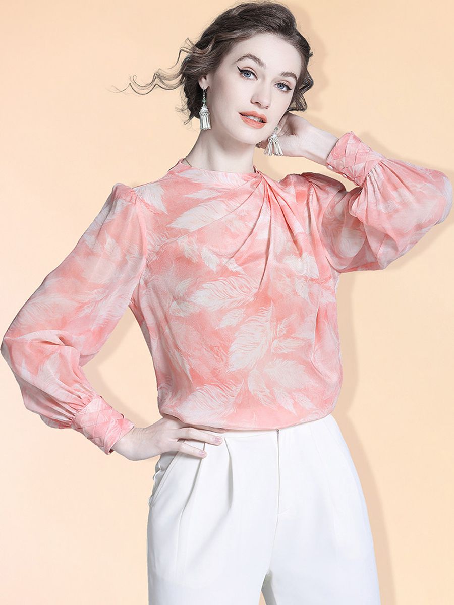 Women's 100% Mulberry Silk Floral Blouse Elegant Twist Neck Long Sleeve High-Neck Pink Silk Shirt
