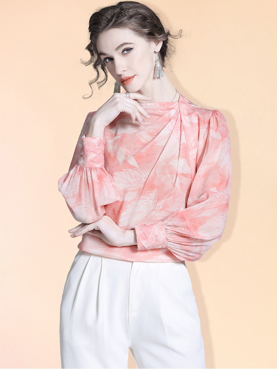 Women's 100% Mulberry Silk Floral Blouse Elegant Twist Neck Long Sleeve High-Neck Pink Silk Shirt