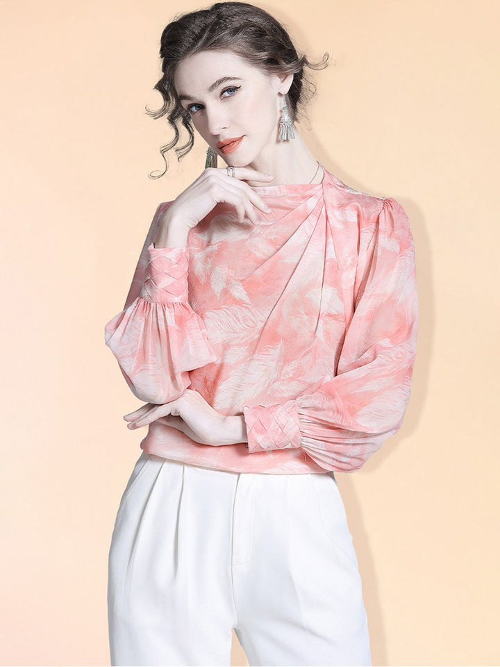Women's 100% Mulberry Silk Floral Blouse Elegant Twist Neck Long Sleeve High-Neck Pink Silk Shirt