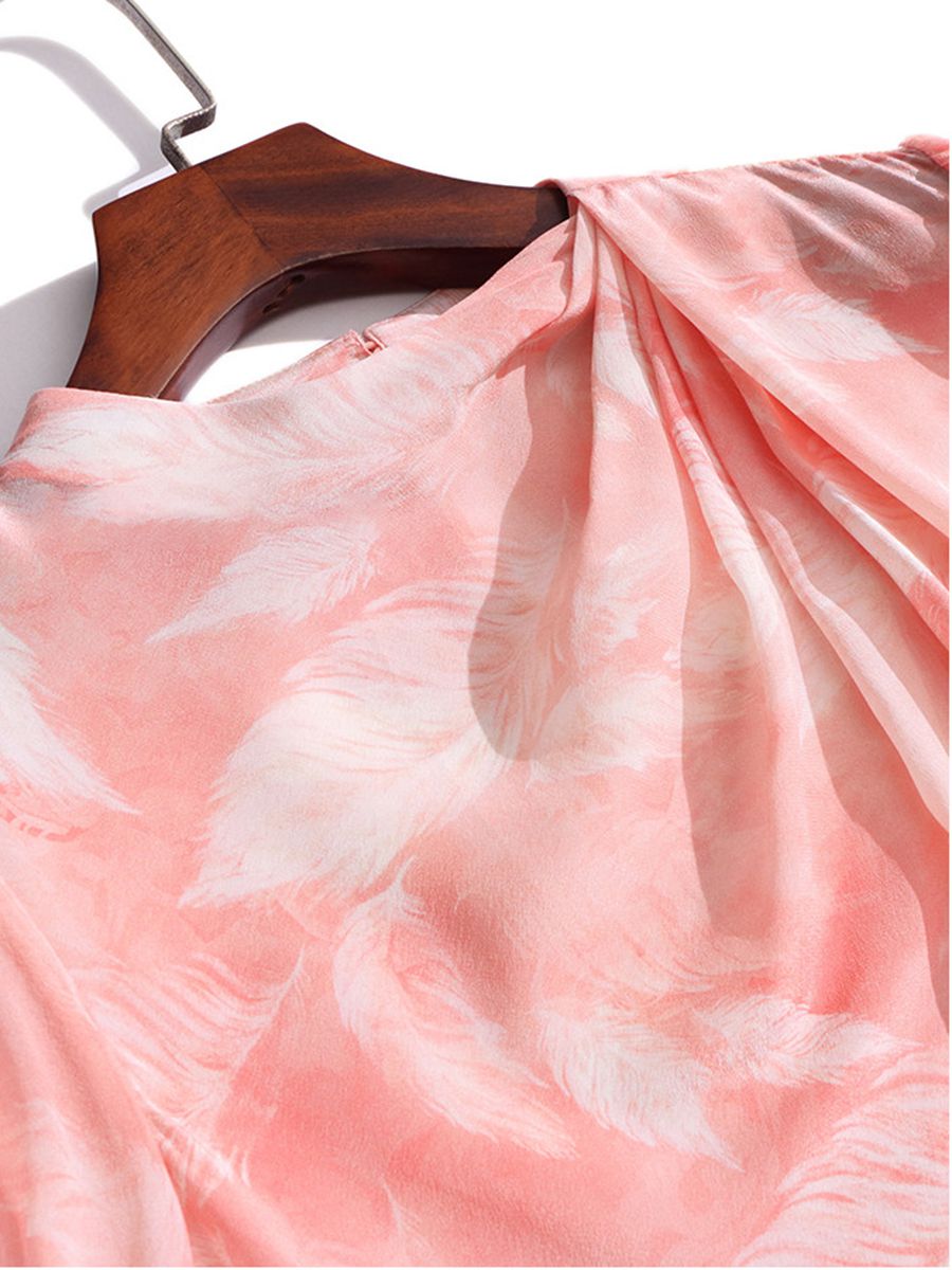 Women's 100% Mulberry Silk Floral Blouse Elegant Twist Neck Long Sleeve High-Neck Pink Silk Shirt