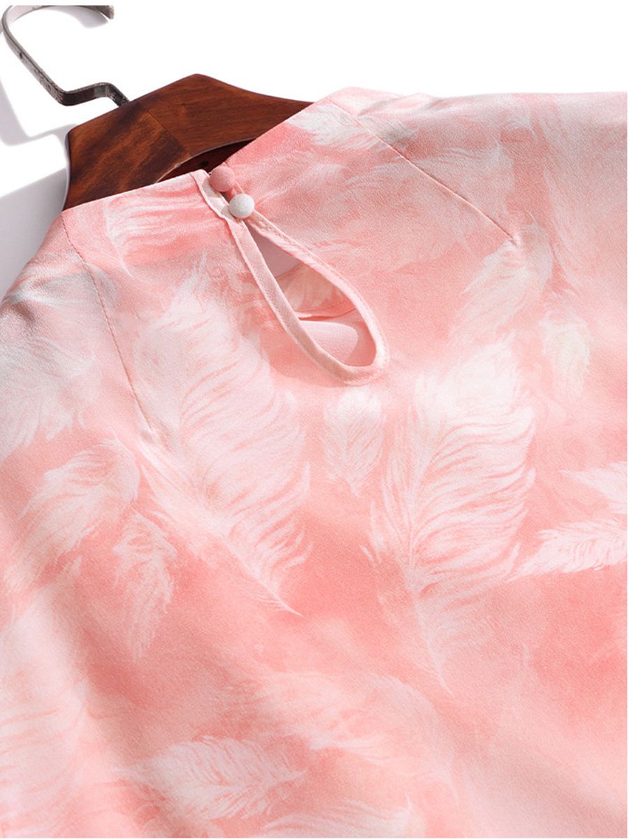 Women's 100% Mulberry Silk Floral Blouse Elegant Twist Neck Long Sleeve High-Neck Pink Silk Shirt