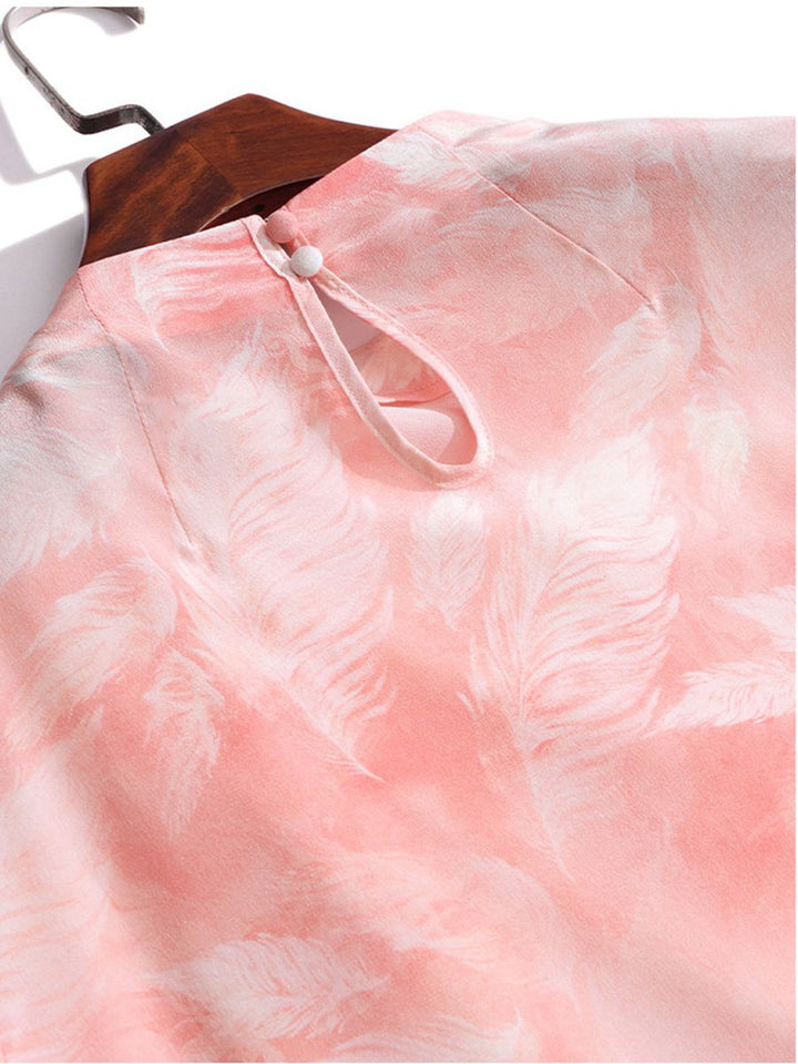 Women's 100% Mulberry Silk Floral Blouse Elegant Twist Neck Long Sleeve High-Neck Pink Silk Shirt