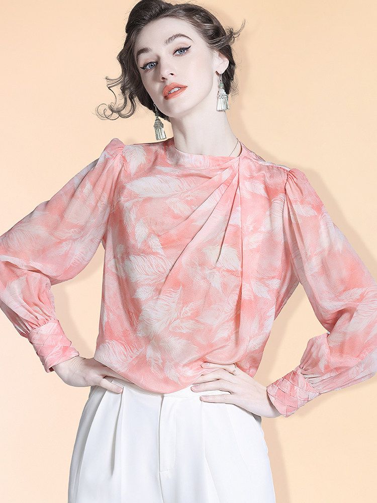Women's 100% Mulberry Silk Floral Blouse Elegant Twist Neck Long Sleeve High-Neck Pink Silk Shirt