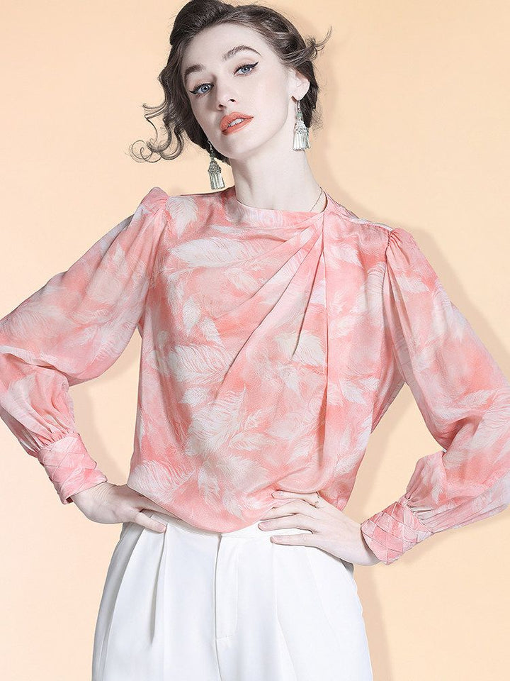 Women's 100% Mulberry Silk Floral Blouse Elegant Twist Neck Long Sleeve High-Neck Pink Silk Shirt