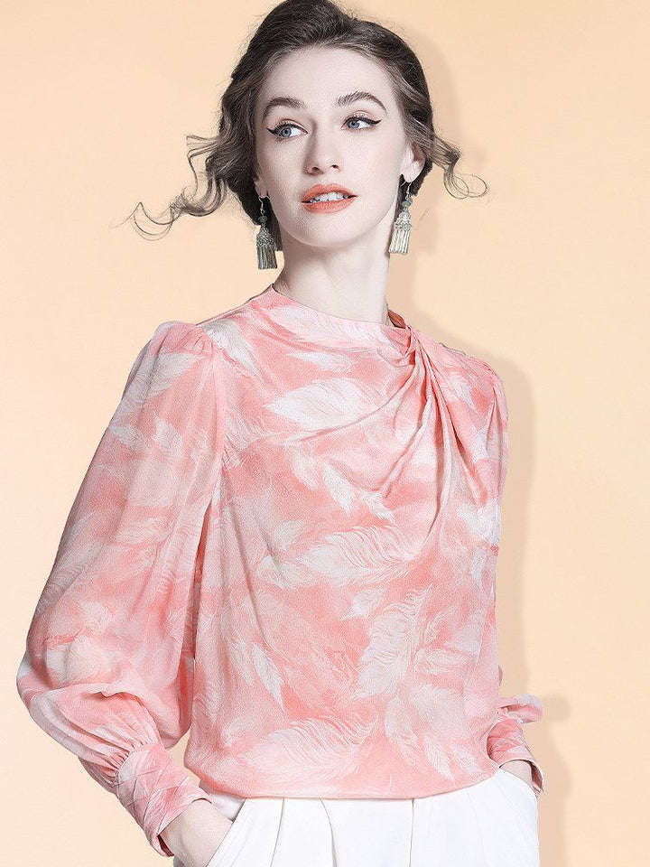 Women's 100% Mulberry Silk Floral Blouse Elegant Twist Neck Long Sleeve High-Neck Pink Silk Shirt