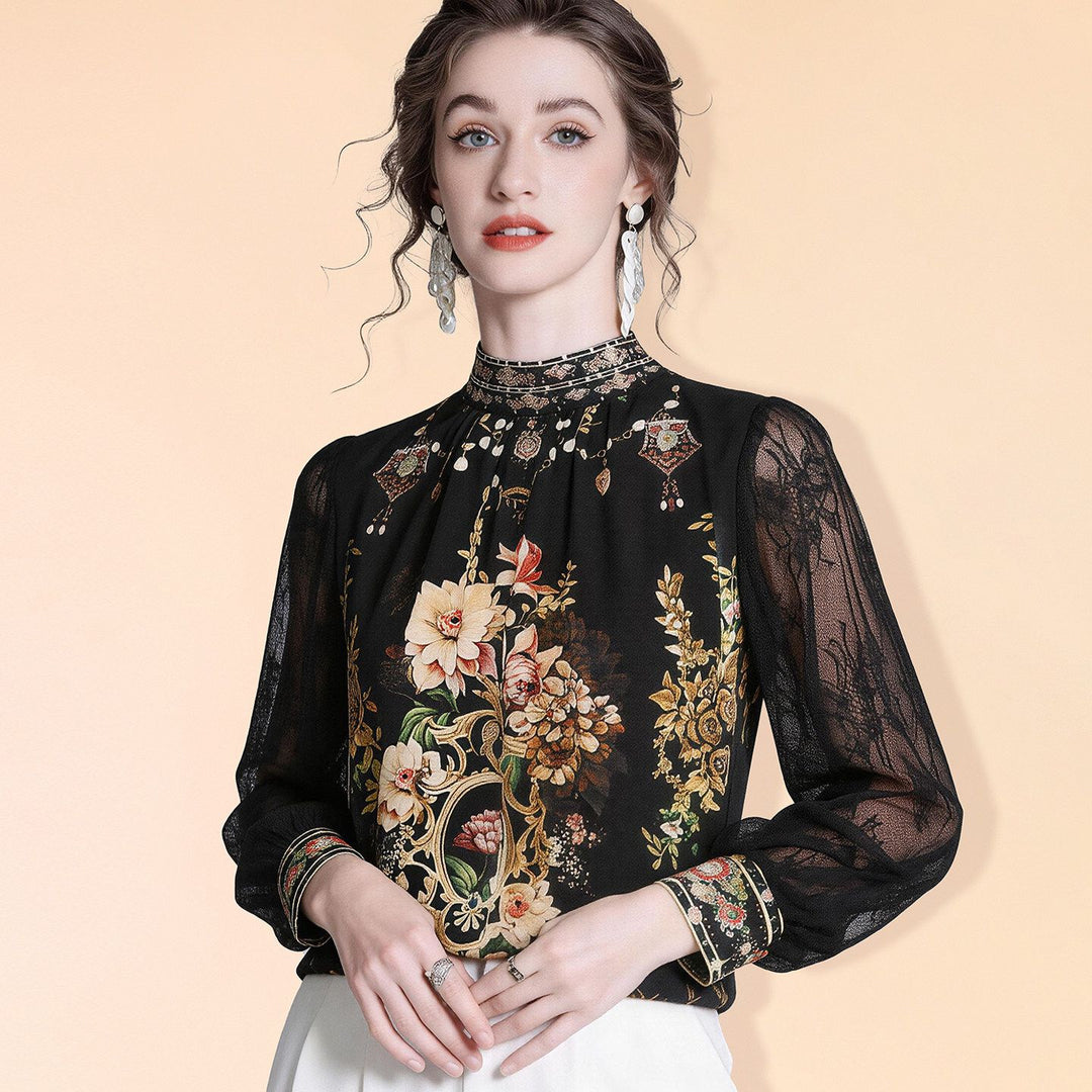 Women's 100% Mulberry Silk Floral Blouse Vintage High Neck Long Sheer Lace Sleeve Silk Shirt