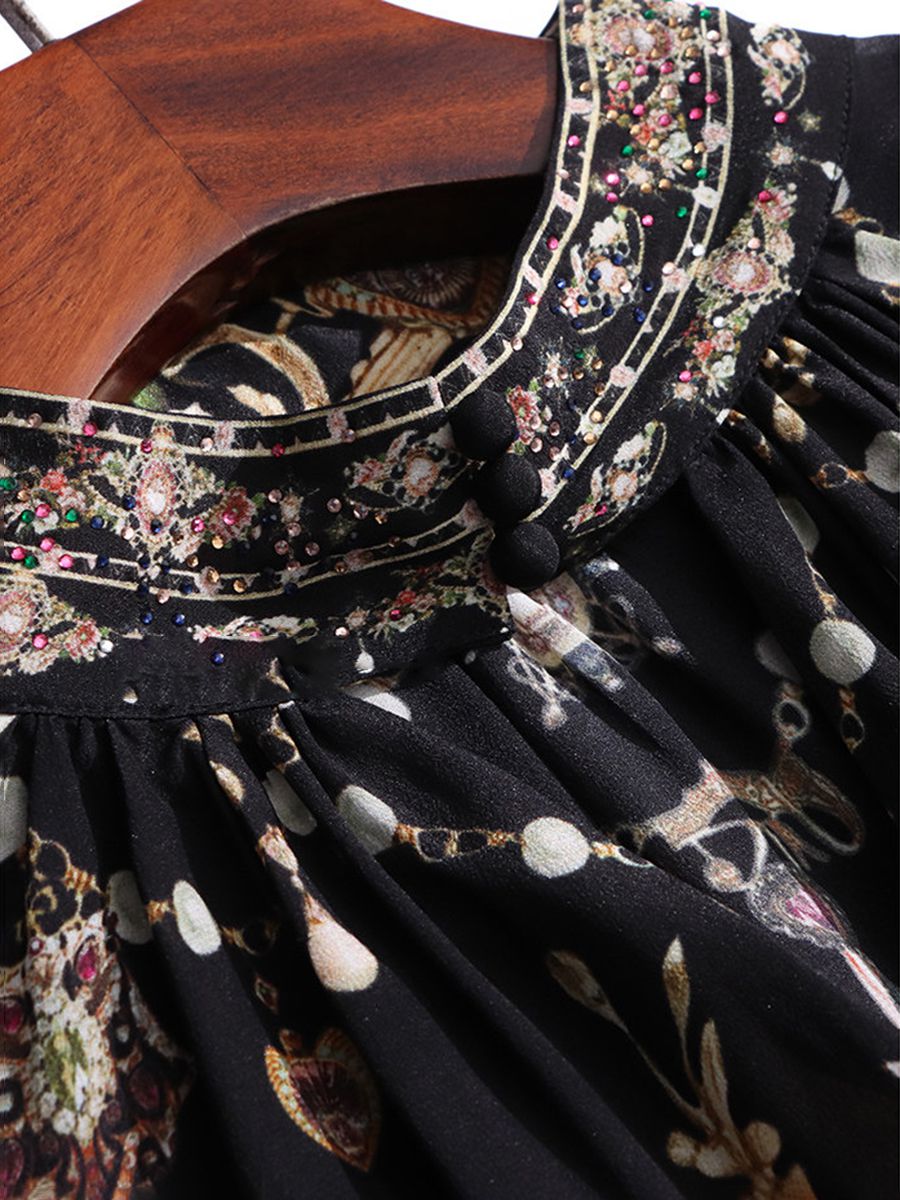 Women's 100% Mulberry Silk Floral Blouse Vintage High Neck Long Sheer Lace Sleeve Silk Shirt