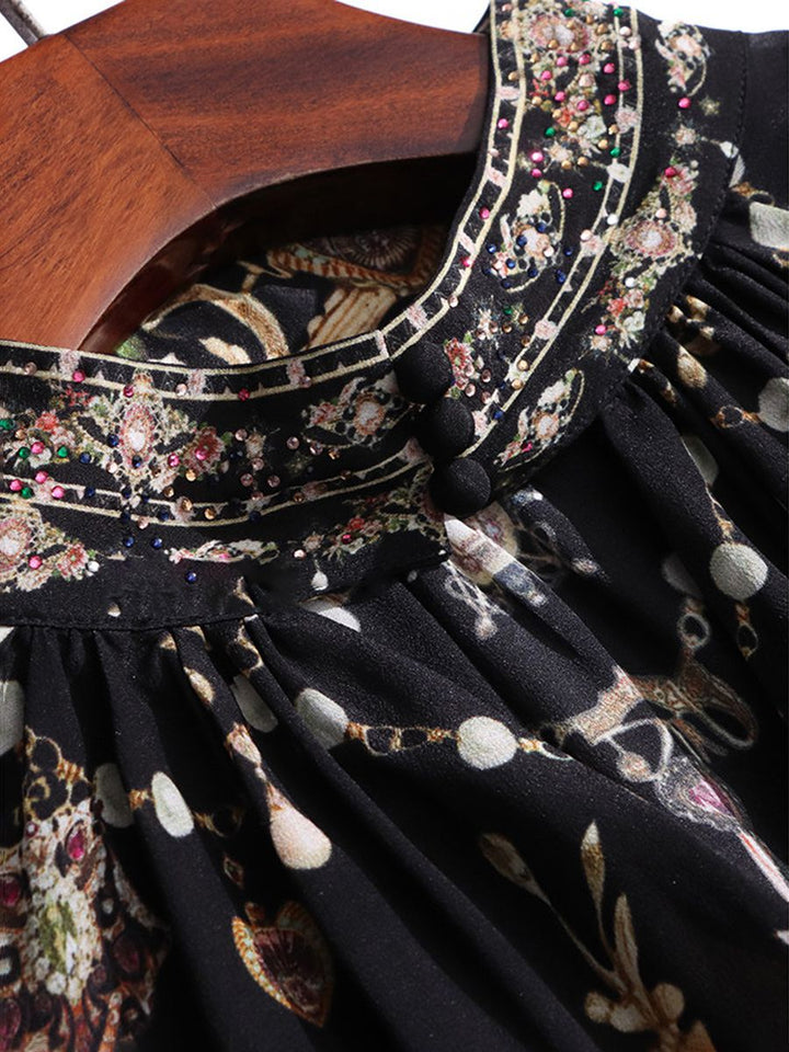 Women's 100% Mulberry Silk Floral Blouse Vintage High Neck Long Sheer Lace Sleeve Silk Shirt