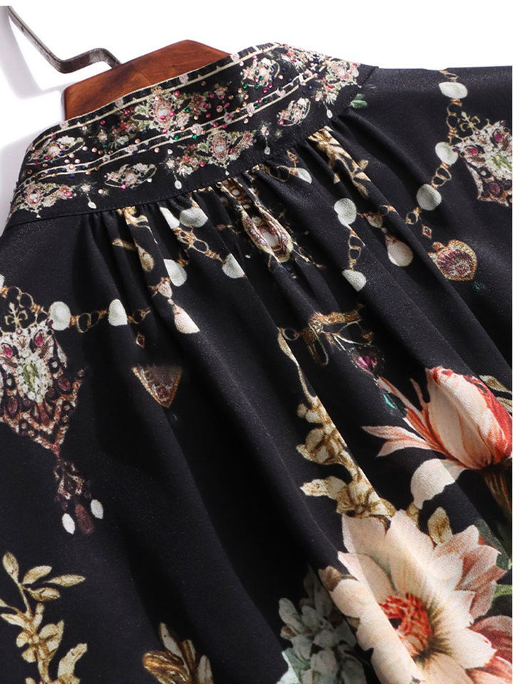 Women's 100% Mulberry Silk Floral Blouse Vintage High Neck Long Sheer Lace Sleeve Silk Shirt