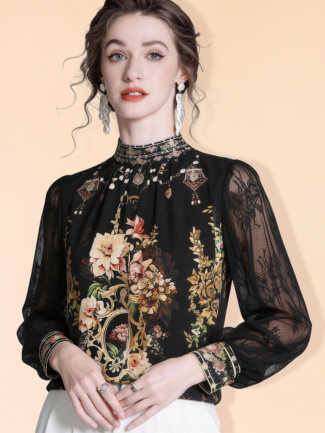 Women's 100% Mulberry Silk Floral Blouse Vintage High Neck Long Sheer Lace Sleeve Silk Shirt