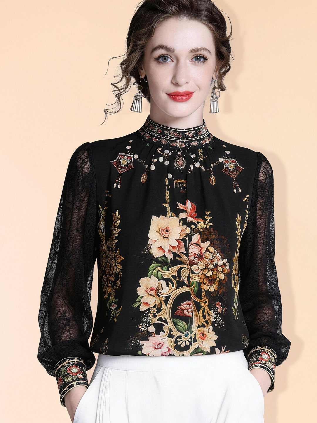 Women's 100% Mulberry Silk Floral Blouse Vintage High Neck Long Sheer Lace Sleeve Silk Shirt