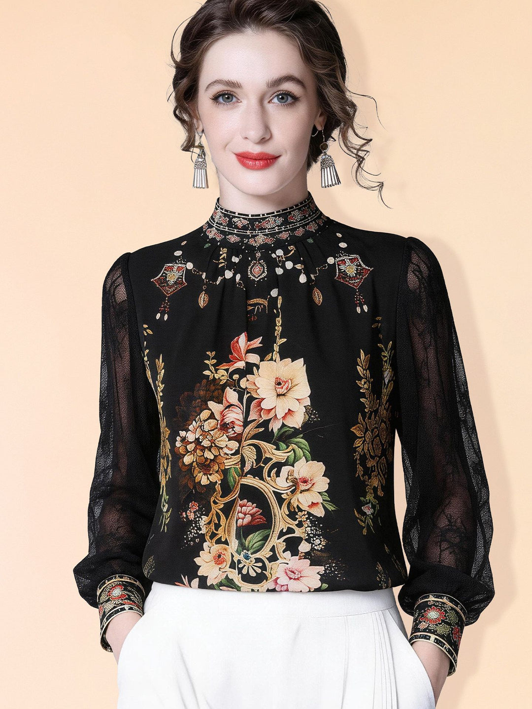 Women's 100% Mulberry Silk Floral Blouse Vintage High Neck Long Sheer Lace Sleeve Silk Shirt