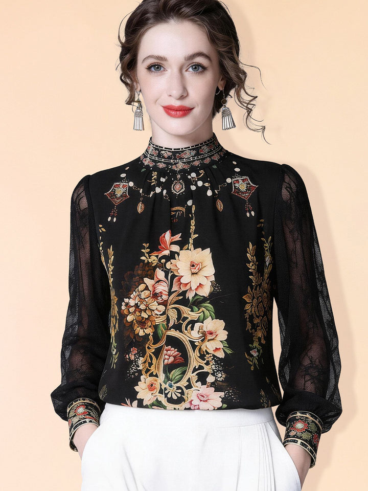Women's 100% Mulberry Silk Floral Blouse Vintage High Neck Long Sheer Lace Sleeve Silk Shirt