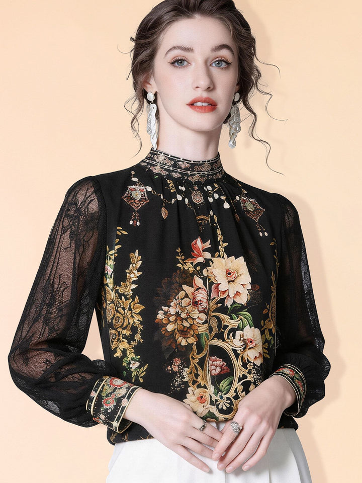 Women's 100% Mulberry Silk Floral Blouse Vintage High Neck Long Sheer Lace Sleeve Silk Shirt