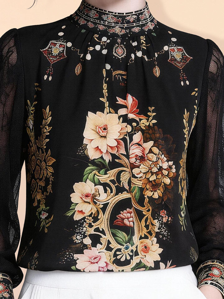 Women's 100% Mulberry Silk Floral Blouse Vintage High Neck Long Sheer Lace Sleeve Silk Shirt