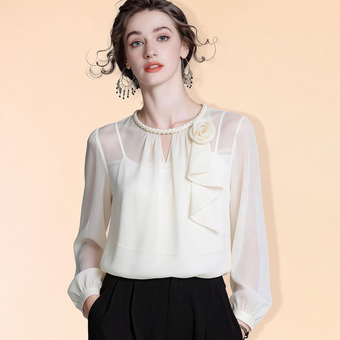 Women’s 100% Mulberry Silk Chiffon Blouse Elegant Cream Floral Corsage Ruffle Front Long Sleeve Silk Shirt Top