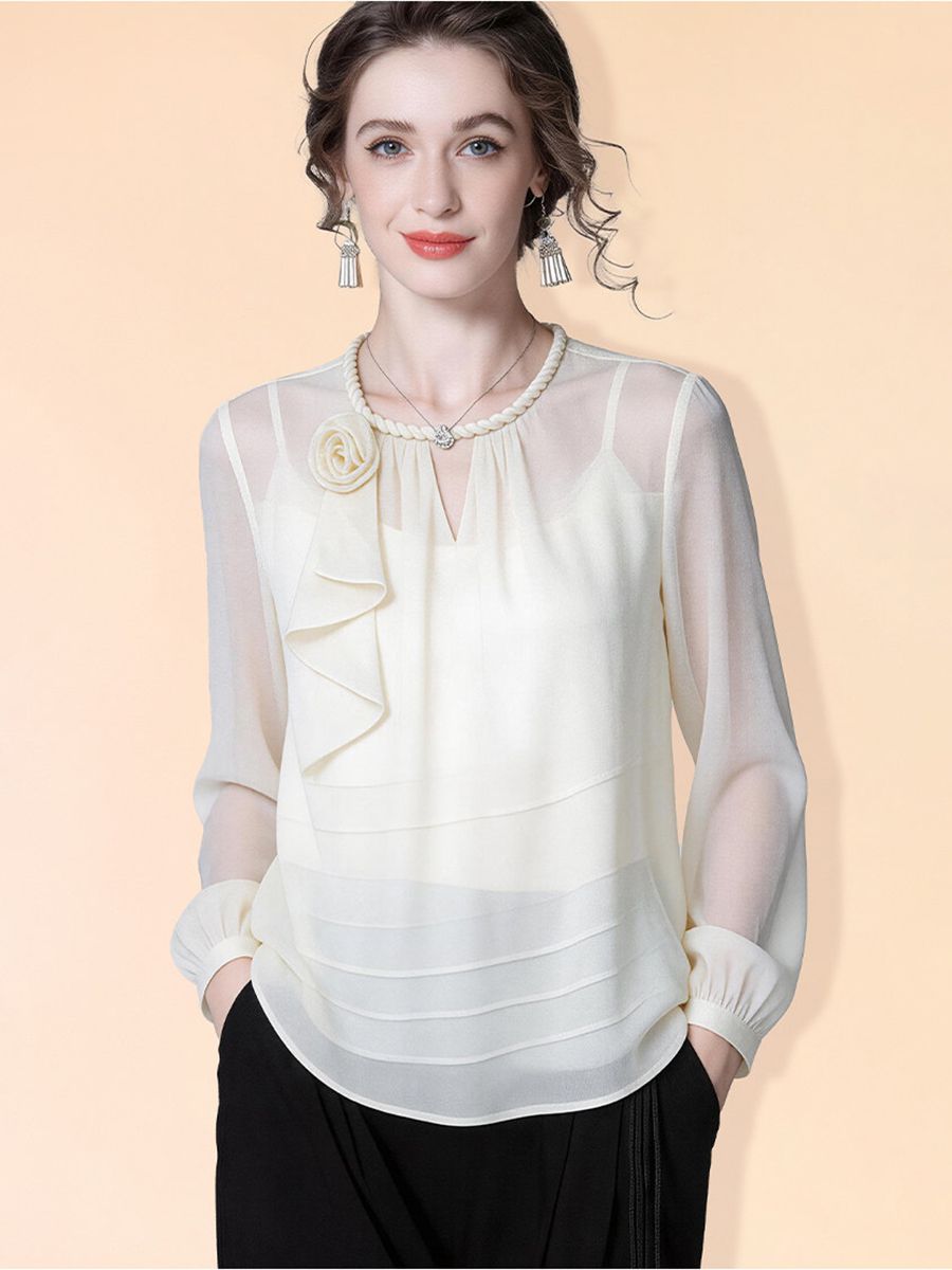 Women’s 100% Mulberry Silk Chiffon Blouse Elegant Cream Floral Corsage Ruffle Front Long Sleeve Silk Shirt Top