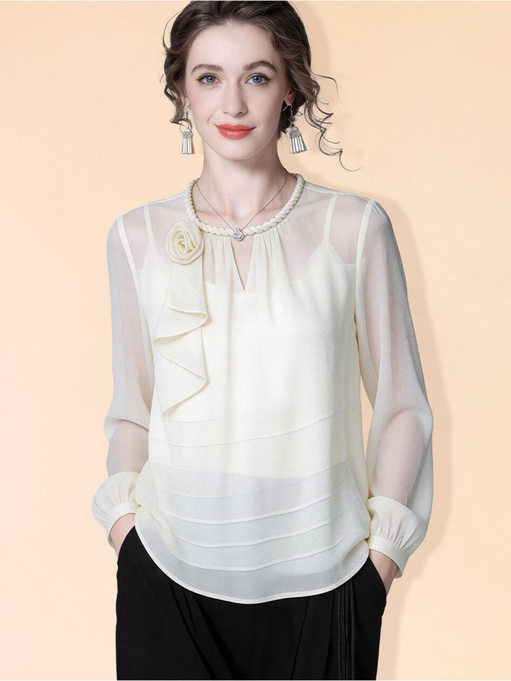 Women’s 100% Mulberry Silk Chiffon Blouse Elegant Cream Floral Corsage Ruffle Front Long Sleeve Silk Shirt Top