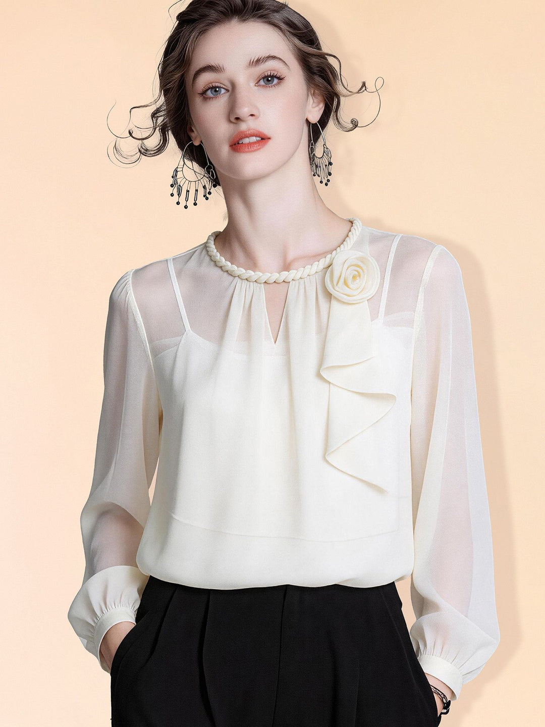 Women’s 100% Mulberry Silk Chiffon Blouse Elegant Cream Floral Corsage Ruffle Front Long Sleeve Silk Shirt Top
