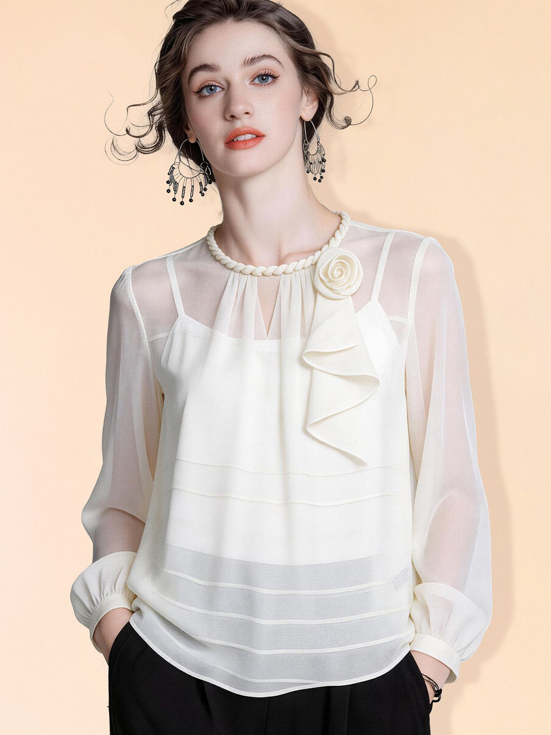 Women’s 100% Mulberry Silk Chiffon Blouse Elegant Cream Floral Corsage Ruffle Front Long Sleeve Silk Shirt Top